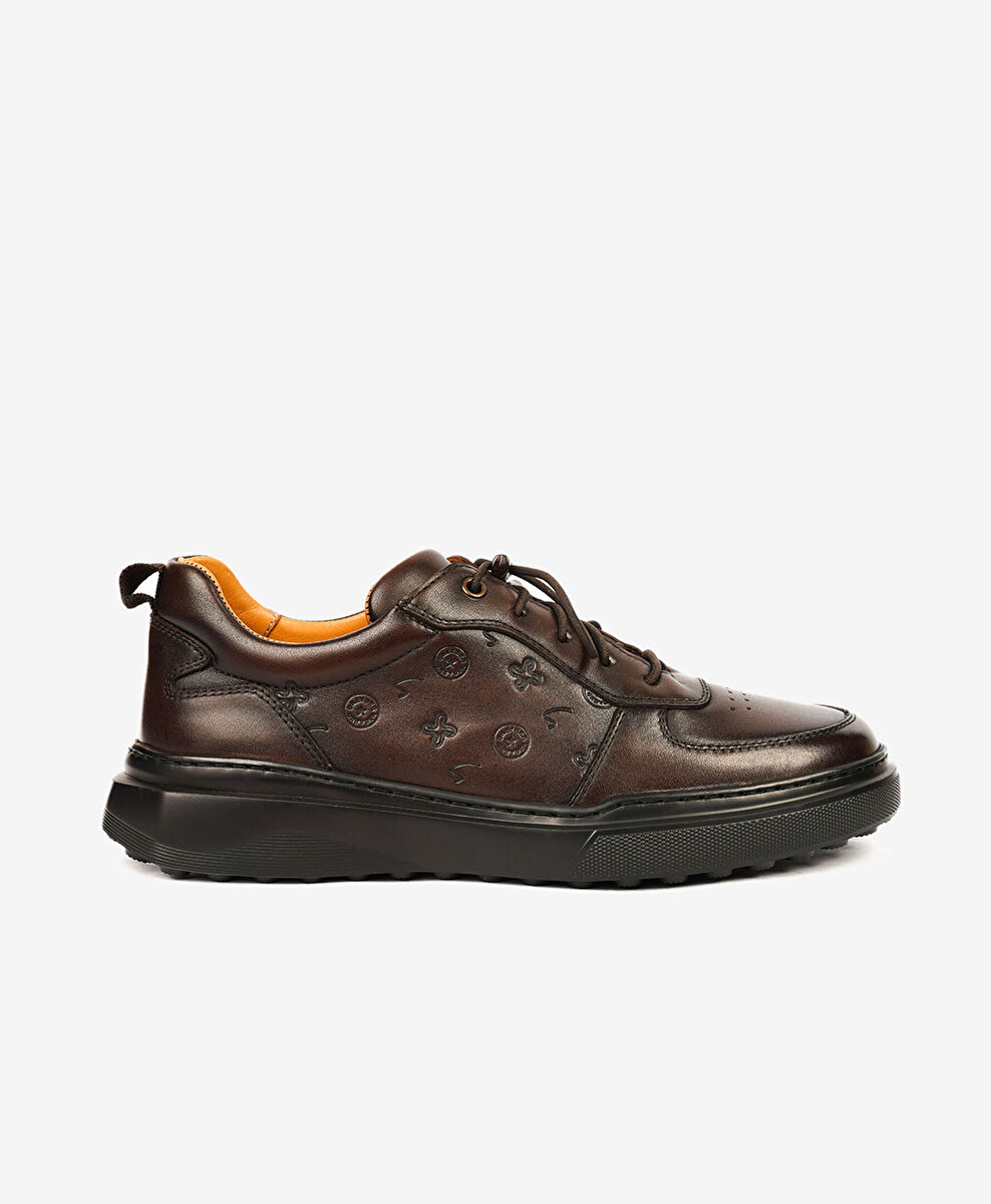 Erkek Kahverengi Hakiki Deri Sneaker Ayakkabı