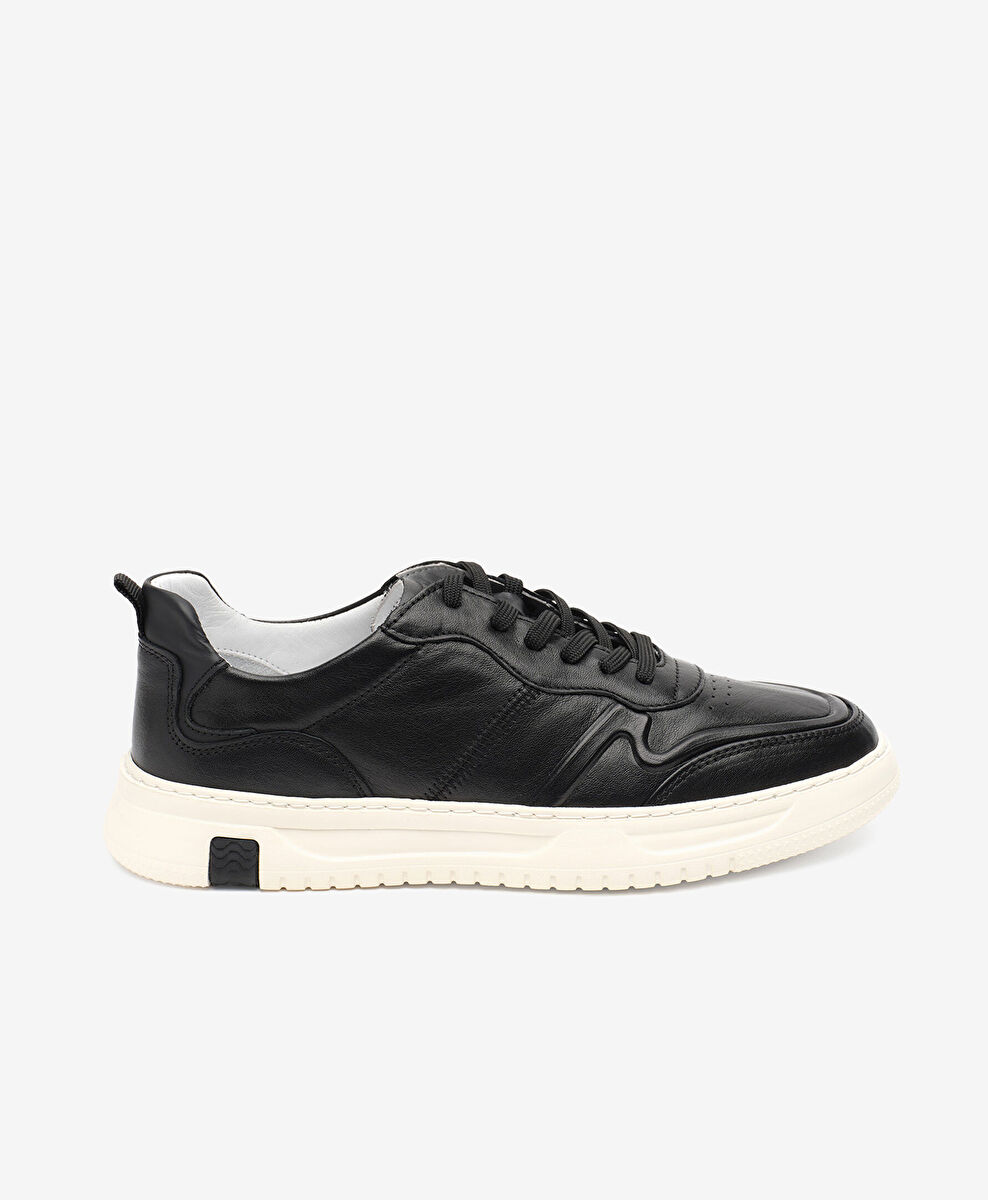 Erkek Siyah Ekru Hakiki Deri Sneaker Ayakkabı