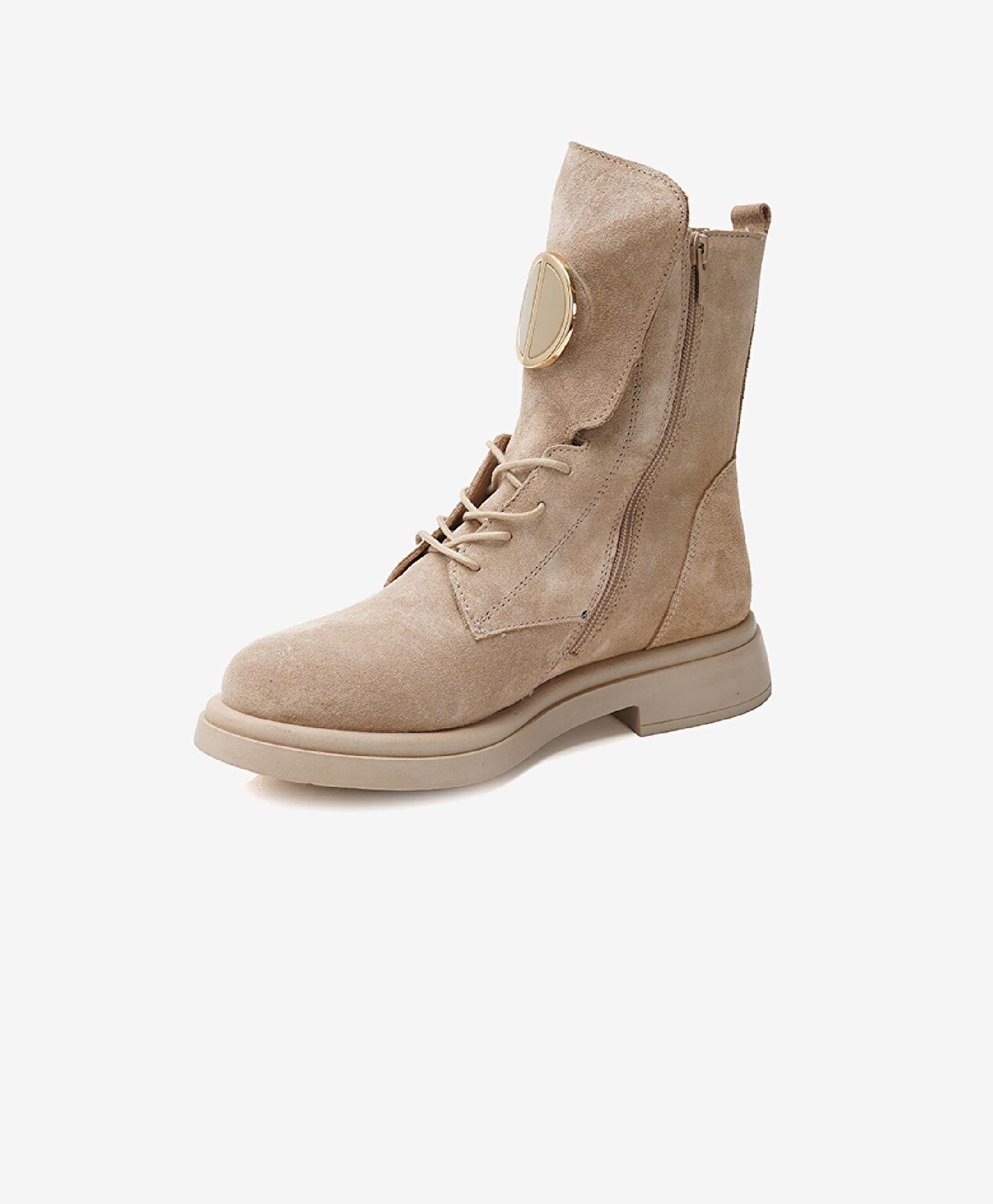 Kadın Bej Hakiki Deri Military Bot - 2