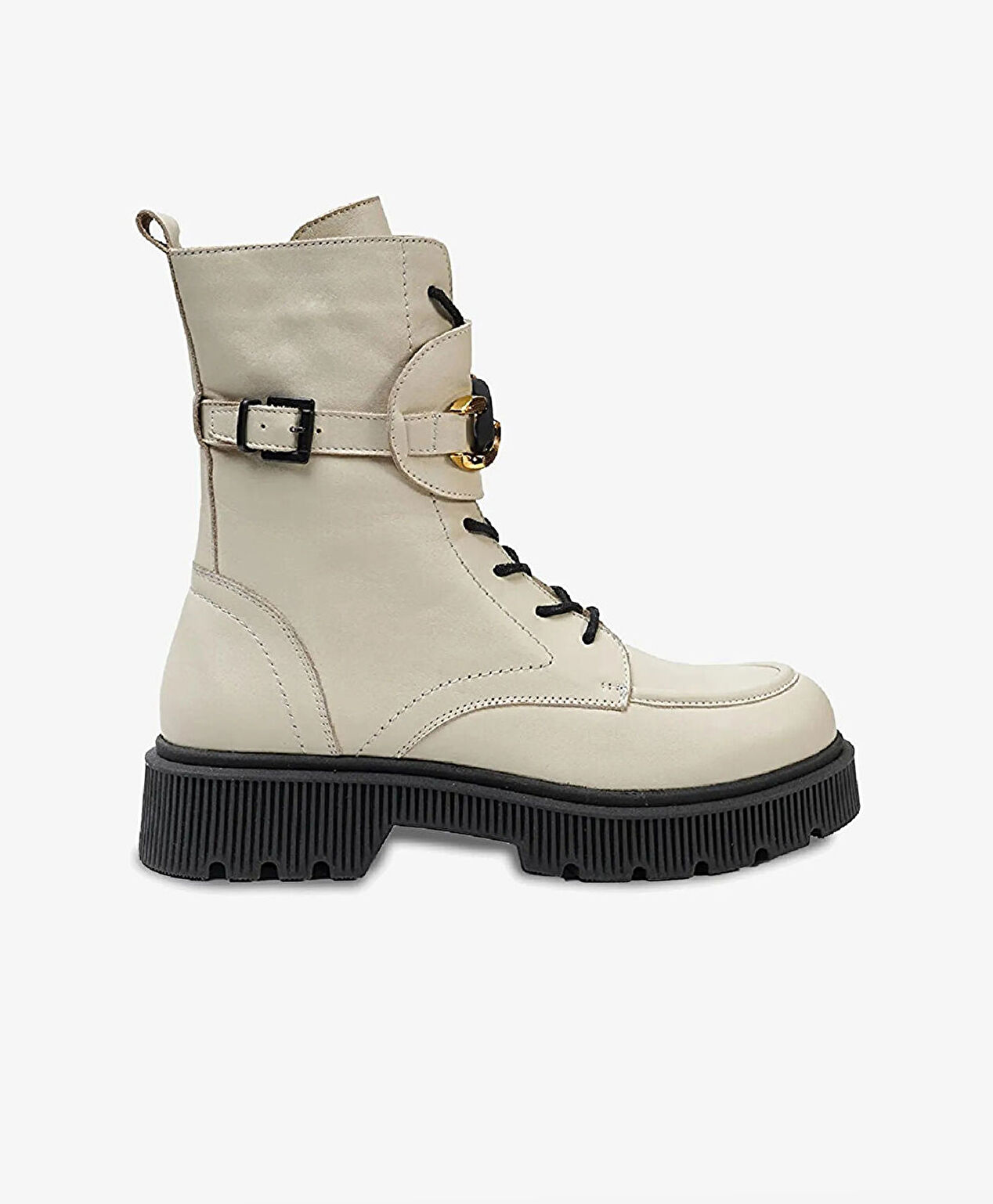 Kadın Ekru Hakiki Deri Military Bot - 1