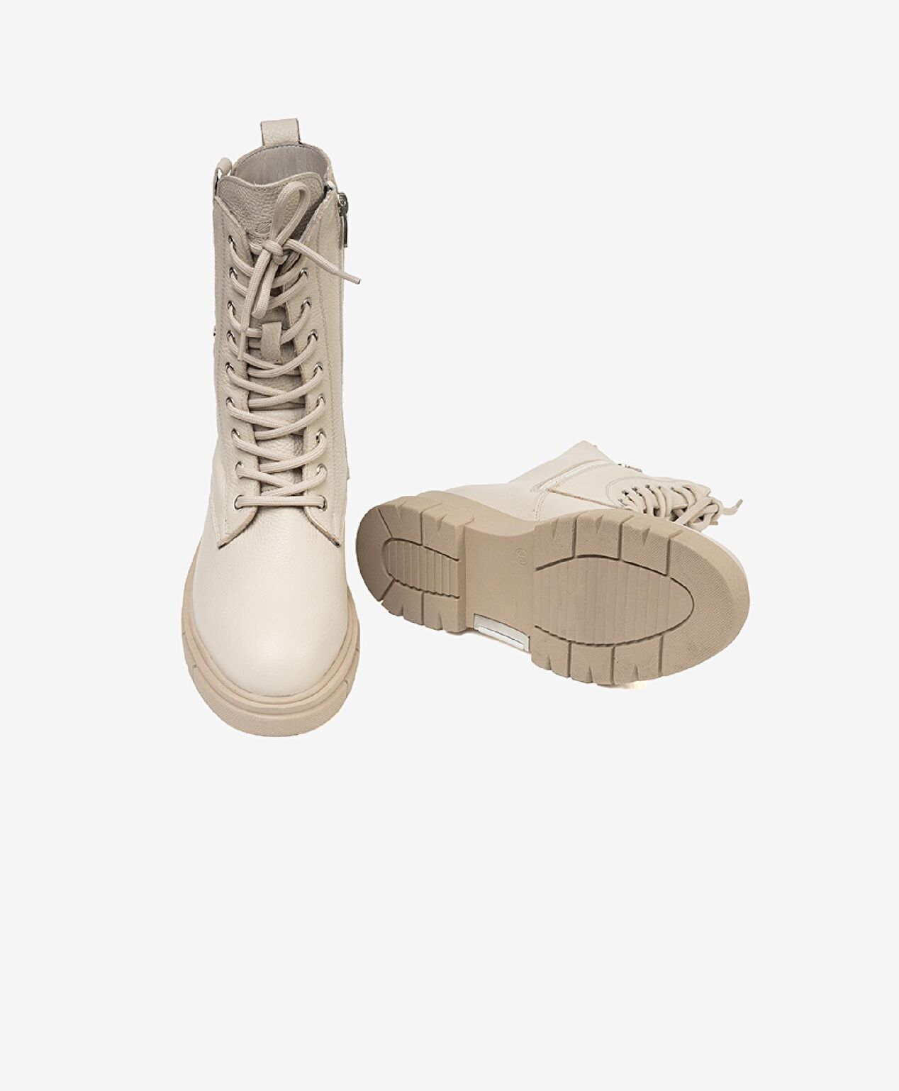 Kadın Bej Hakiki Deri Military Bot - 5