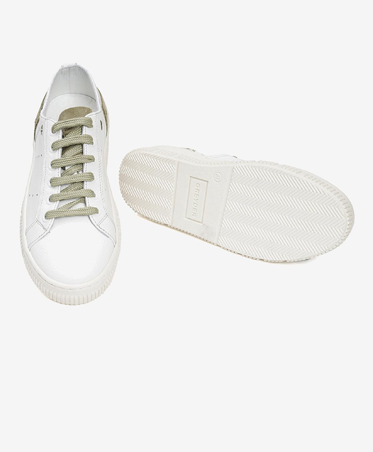 Kadın Beyaz Olive Hakiki Deri Sneaker Ayakkabı - 5