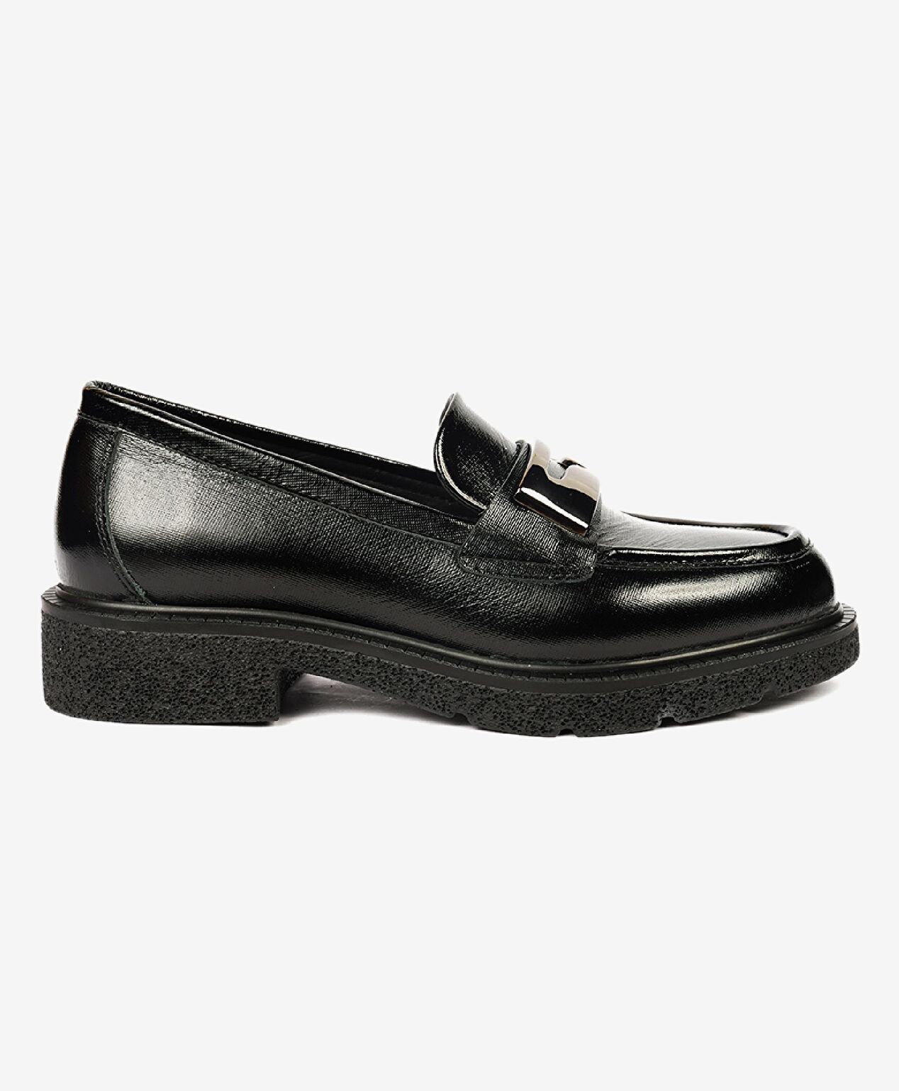 Kadın Parlak Siyah Hakiki Deri Memory Foam Taban Loafer Ayakkabı - 1