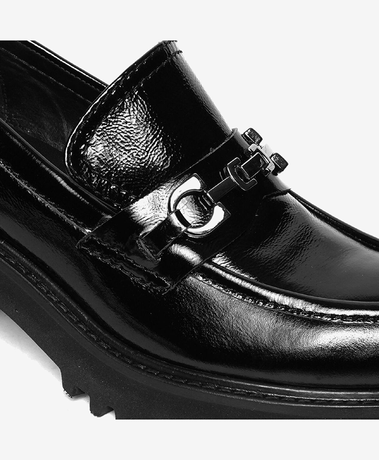 Kadın Siyah Kırışık Rugan Hakiki Deri Loafer Ayakkabı - 5