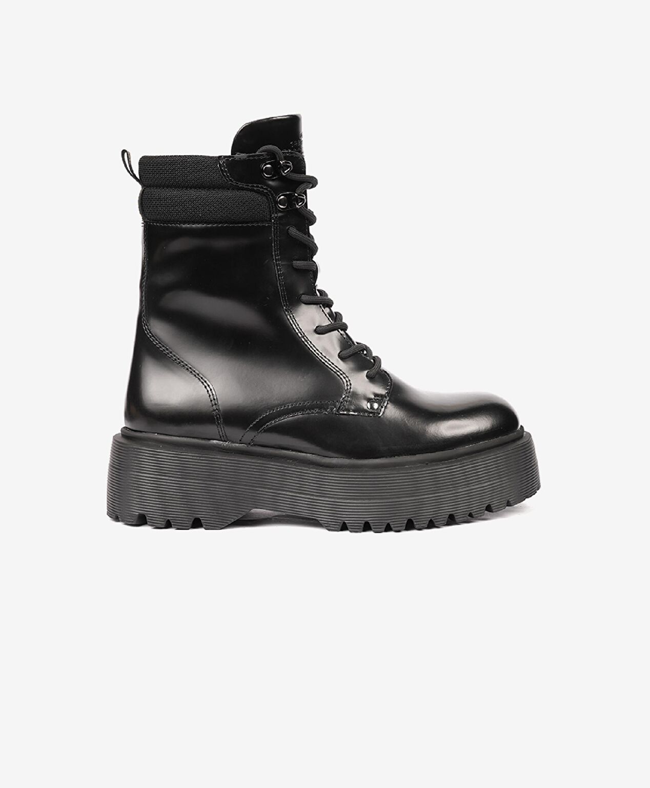 Kadın Parlak Siyah Hakiki Deri Memory Foam Taban Military Bot - 1