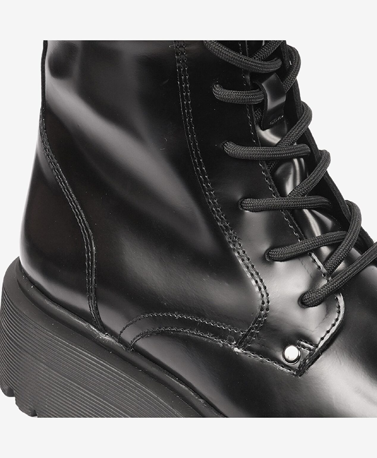 Kadın Parlak Siyah Hakiki Deri Memory Foam Taban Military Bot - 5