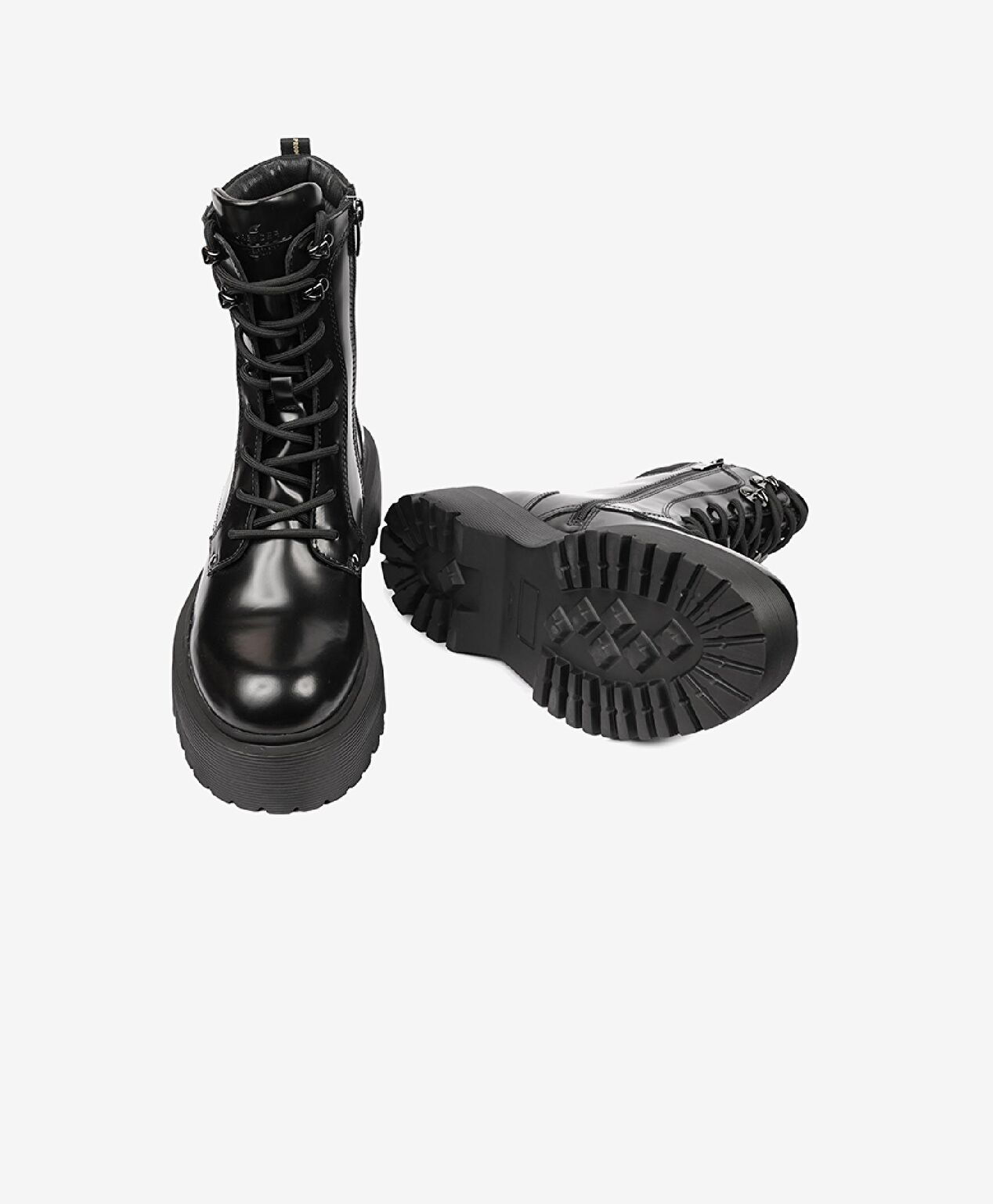 Kadın Parlak Siyah Hakiki Deri Memory Foam Taban Military Bot - 6