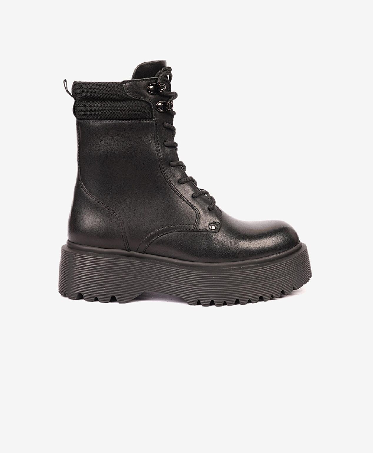 Kadın Parlak Siyah Hakiki Deri Memory Foam Taban Military Bot - 1