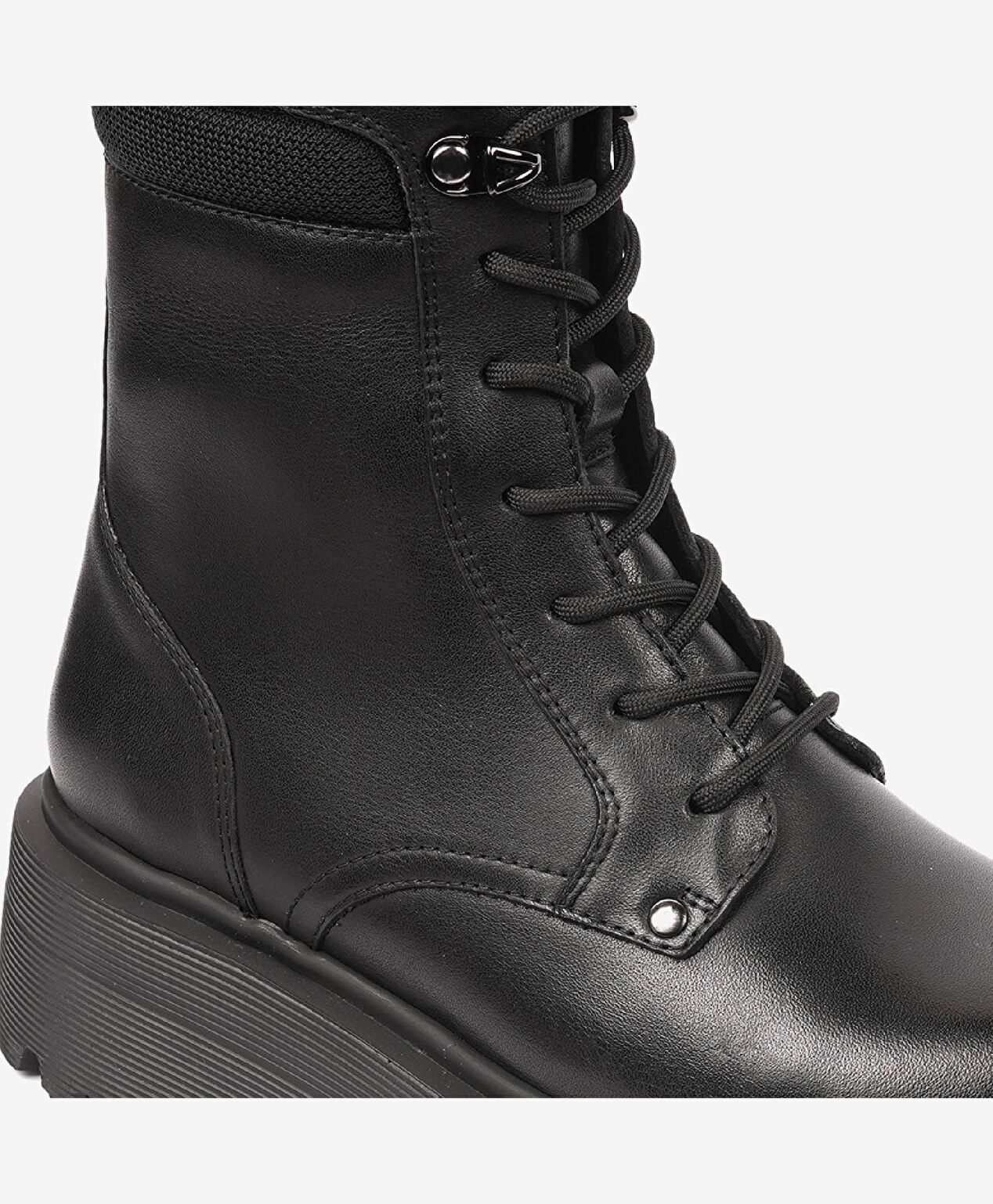 Kadın Parlak Siyah Hakiki Deri Memory Foam Taban Military Bot - 5