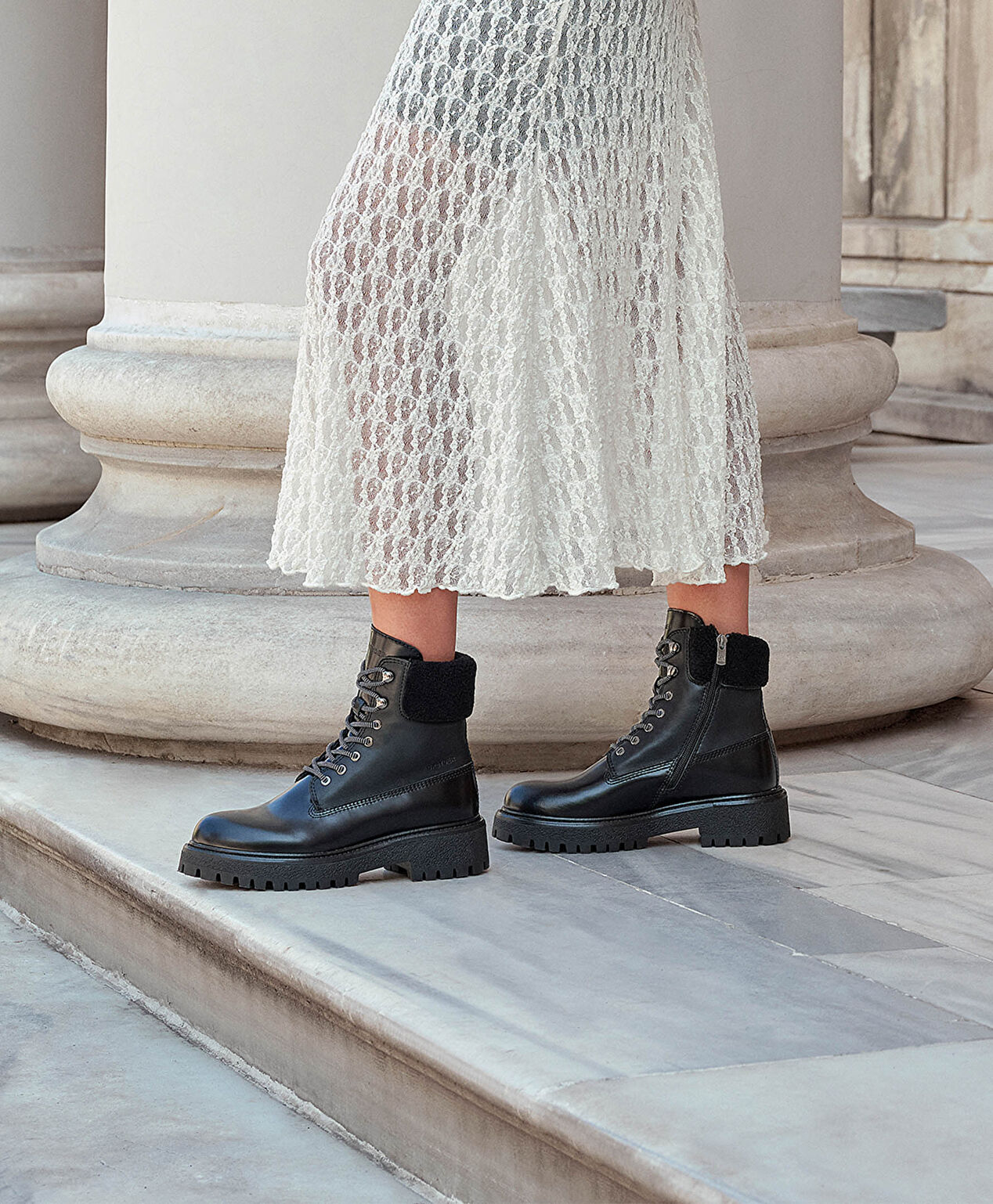 Kadın Siyah Hakiki Deri Military Bot - 6