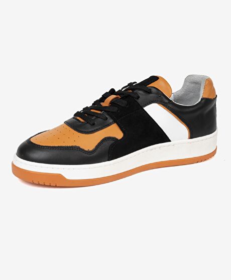 Erkek Siyah Turuncu Beyaz Hakiki Deri Sneaker Ayakkabı