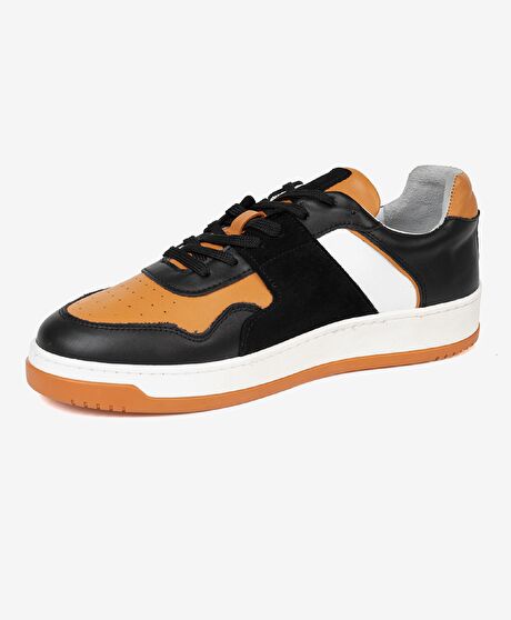 Erkek Siyah Turuncu Beyaz Hakiki Deri Sneaker Ayakkabı