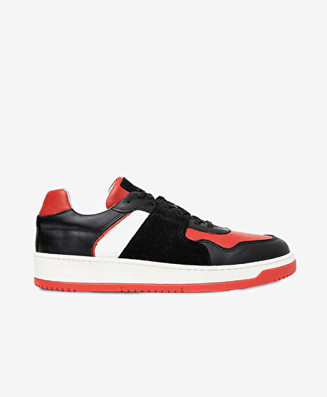 Erkek Siyah Kırmızı Beyaz Hakiki Deri Sneaker Ayakkabı