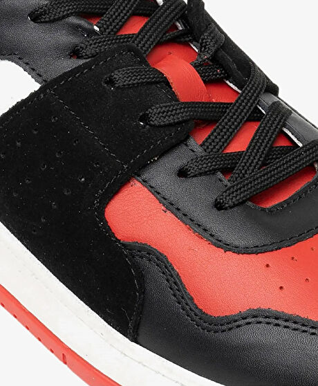 Erkek Siyah Kırmızı Beyaz Hakiki Deri Sneaker Ayakkabı