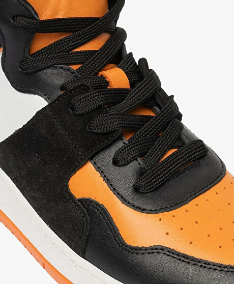 Erkek Siyah Turuncu Beyaz Hakiki Deri Sneaker Bot
