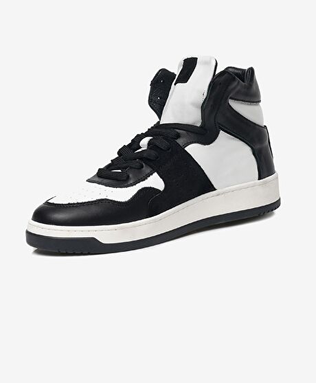 Erkek Siyah Beyaz Hakiki Deri Sneaker Bot