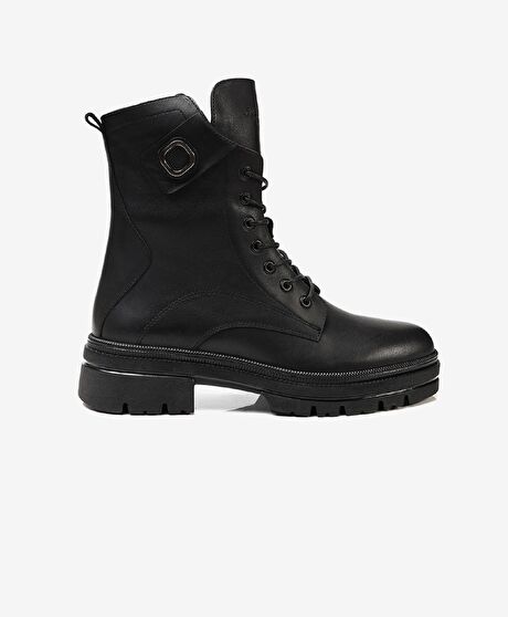 Kadın Siyah Hakiki Deri Military Bot