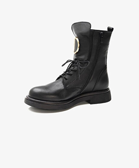 Kadın Siyah Hakiki Deri Military Bot