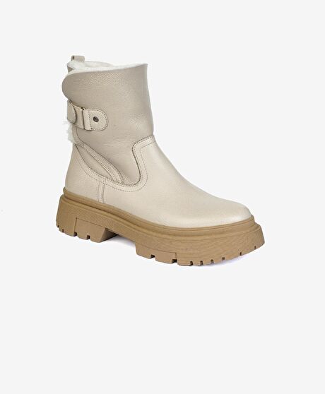 Kadın Beyaz Hakiki Deri Military Bot