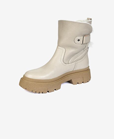 Kadın Beyaz Hakiki Deri Military Bot