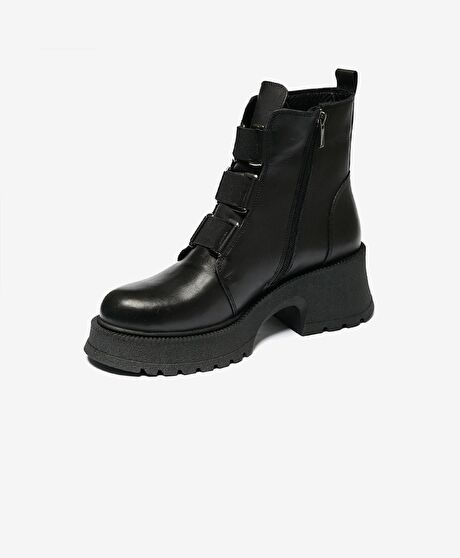 Kadın Siyah Hakiki Deri Military Bot