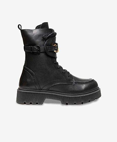 Kadın Siyah Hakiki Deri Memory Foam Taban Military Bot