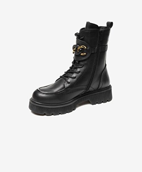 Kadın Siyah Hakiki Deri Memory Foam Taban Military Bot