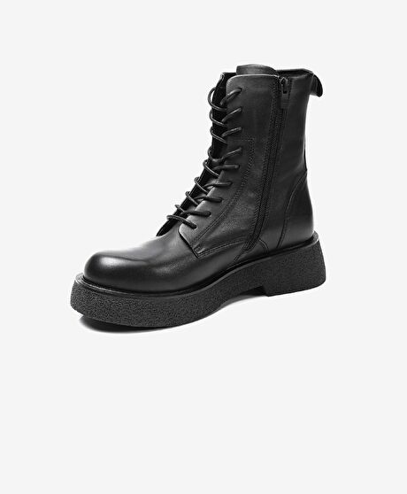 Kadın Siyah Hakiki Deri Military Bot