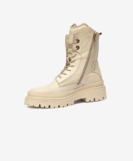 Kadın Ekru Hakiki Deri Military Bot