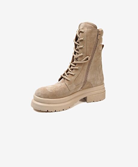 Kadın Koyu Bej Hakiki Deri Military Bot
