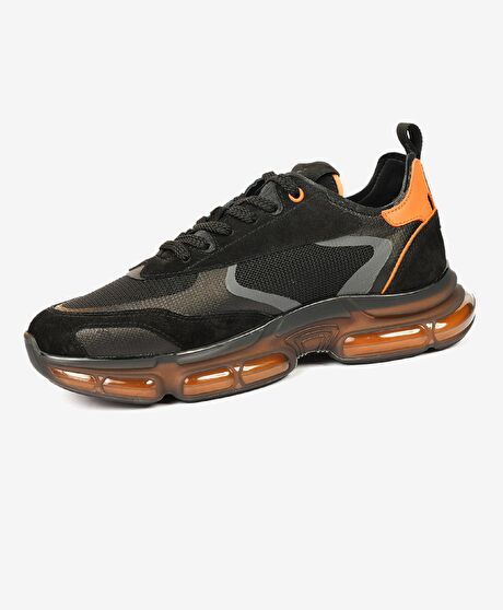 Erkek Siyah Turuncu Hakiki Deri Sneaker Ayakkabı