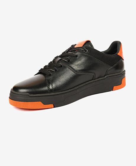 Erkek Siyah Turuncu Hakiki Deri Sneaker Ayakkabı