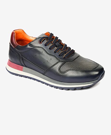 Erkek Lacivert Hakiki Deri Sneaker Ayakkabı