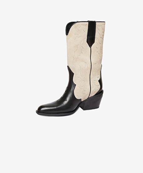 Kadın Siyah Bej Hakiki Deri Topuklu Çizme