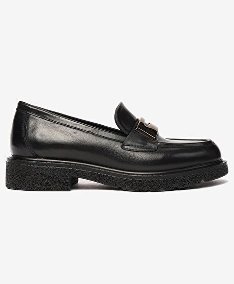 Kadın Parlak Siyah Hakiki Deri Memory Foam Taban Loafer Ayakkabı
