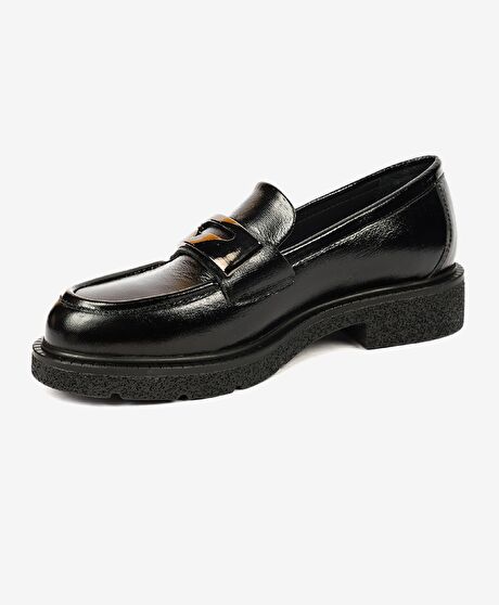 Kadın Parlak Siyah Hakiki Deri Memory Foam Taban Loafer Ayakkabı