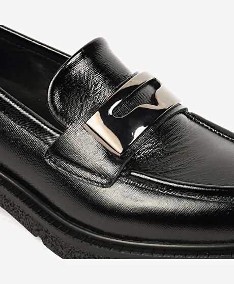 Kadın Parlak Siyah Hakiki Deri Memory Foam Taban Loafer Ayakkabı