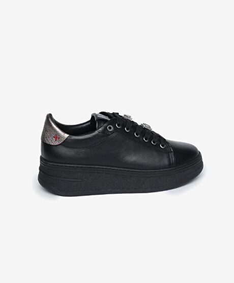 Kadın Siyah Çelik Hakiki Deri Sneaker Ayakkabı