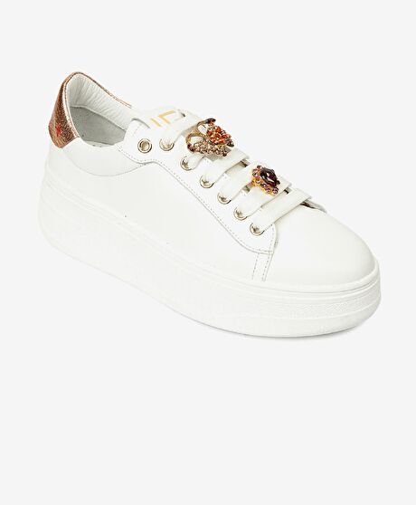 Kadın Beyaz Bronz Hakiki Deri Sneaker Ayakkabı