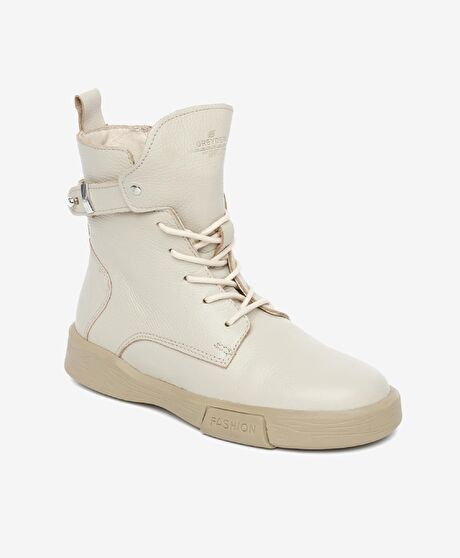 Kadın Ekru Hakiki Deri Sneaker Bot