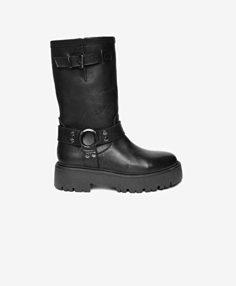 Kadın Siyah Hakiki Deri Military Bot