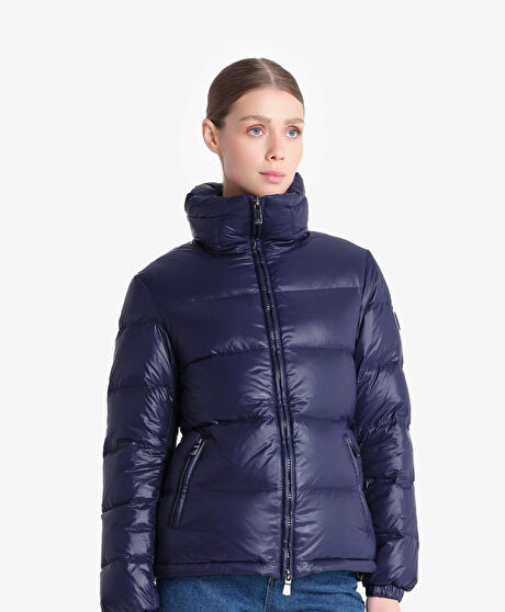 Kadın Parlak İndigo Suya Dayanıklı Kaz Tüyü Mont