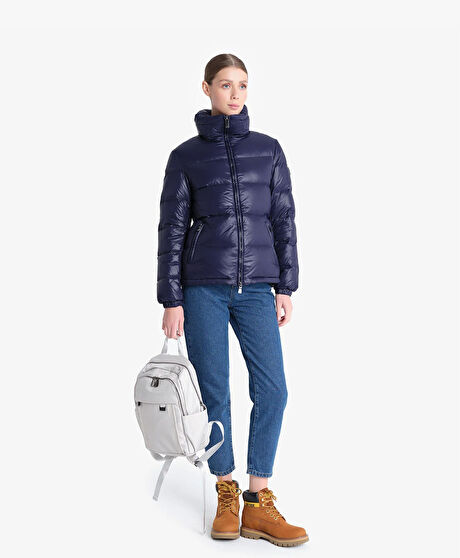 Kadın Parlak İndigo Suya Dayanıklı Kaz Tüyü Mont