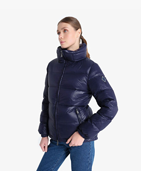 Kadın Parlak İndigo Suya Dayanıklı Kaz Tüyü Mont