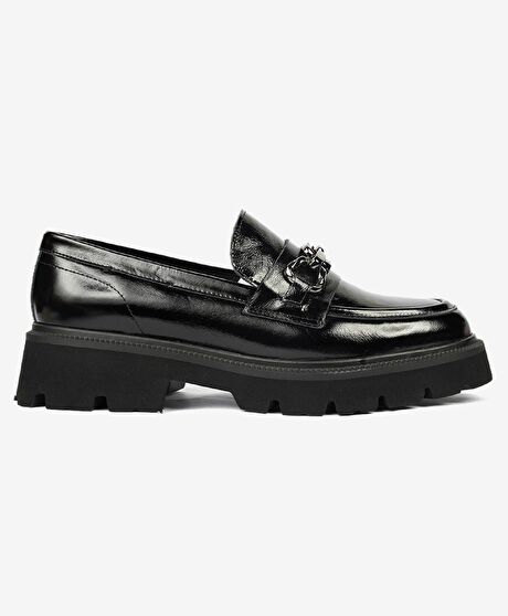 Kadın Siyah Kırışık Rugan Hakiki Deri Loafer Ayakkabı