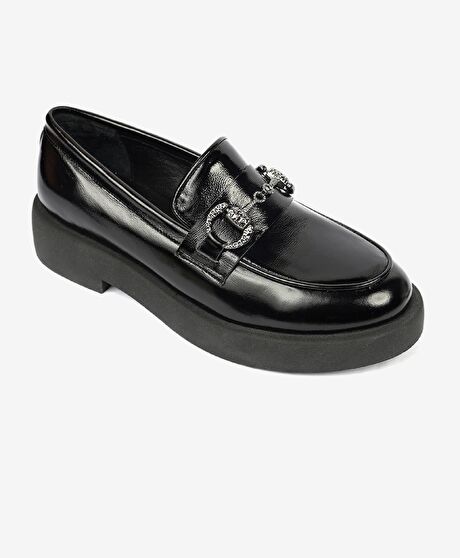 Kadın Siyah Rugan Hakiki Deri Loafer Ayakkabı