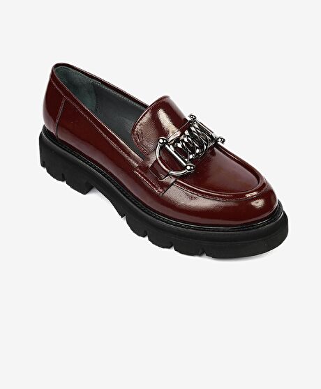 Kadın Bordo Kırışık Rugan Hakiki Deri Loafer Ayakkabı