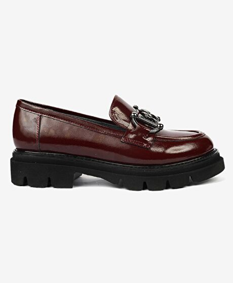 Kadın Bordo Kırışık Rugan Hakiki Deri Loafer Ayakkabı
