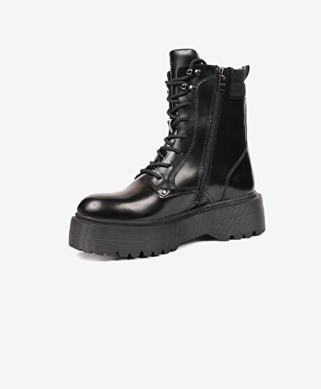 Kadın Parlak Siyah Hakiki Deri Memory Foam Taban Military Bot