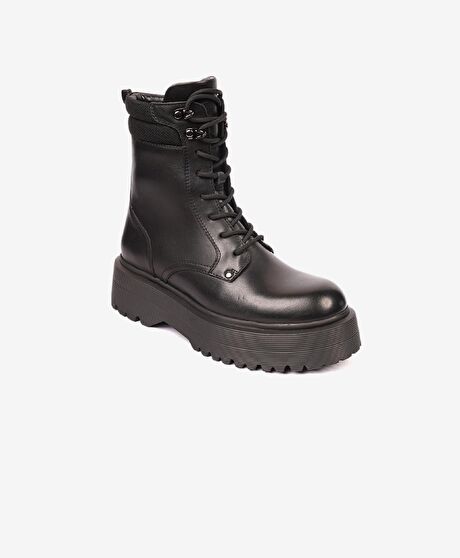 Kadın Parlak Siyah Hakiki Deri Memory Foam Taban Military Bot